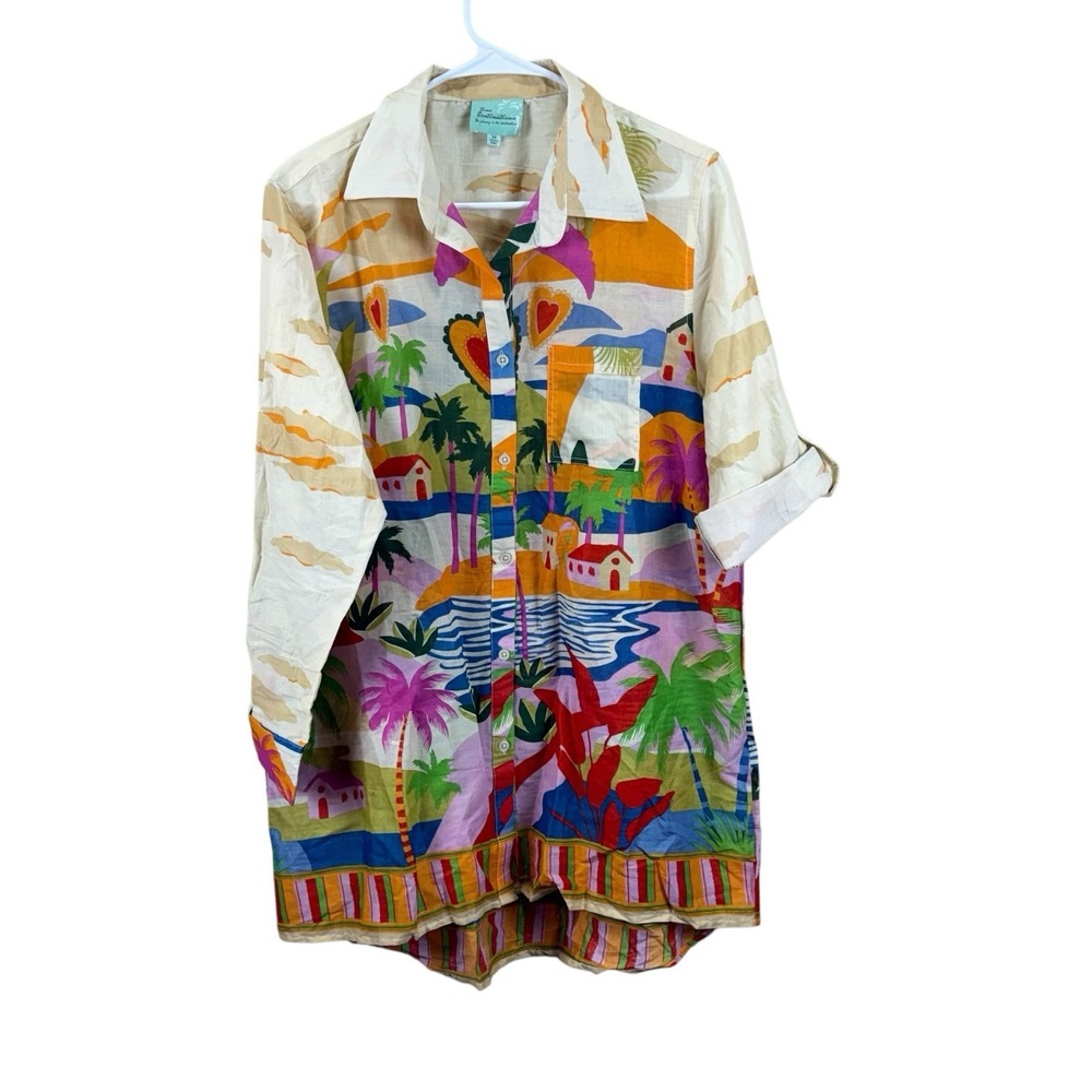 True Destinations Palm Scenic Tunic Colorful Button Up Shirt Womens Mediums New